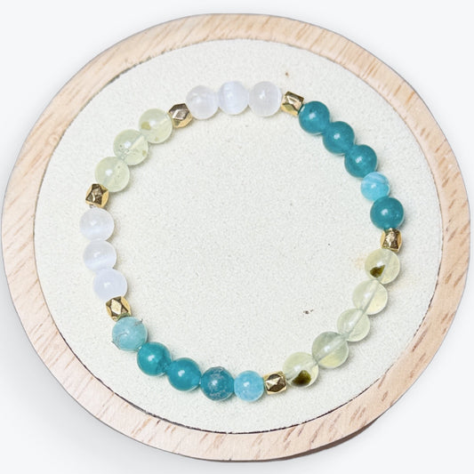 Bracelet Prehnite & Selenite & Amazonite avec Charmes