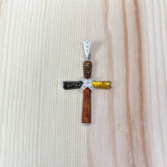Pendentif ambre Croix multicouleur Argent 925
