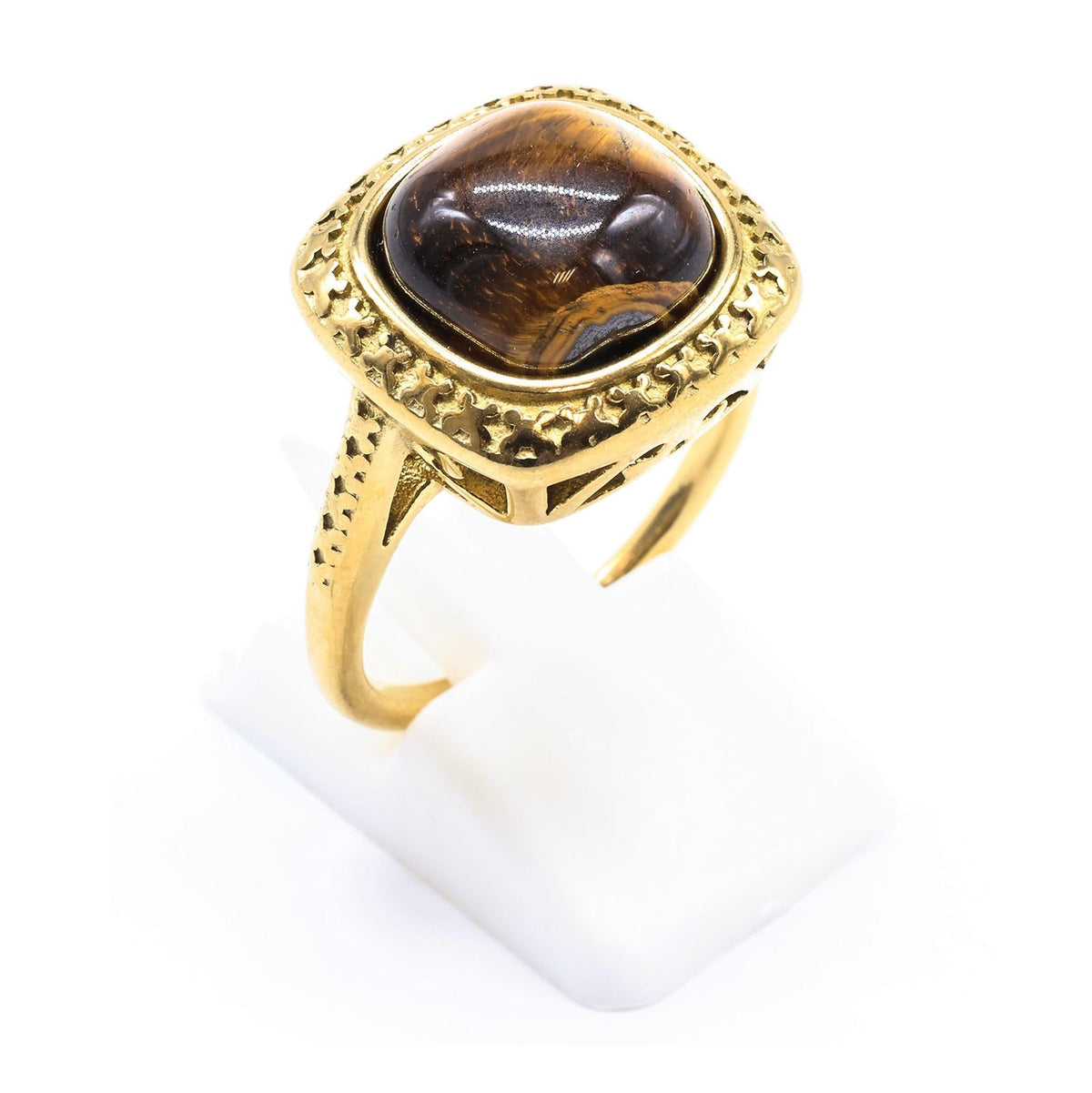 Bague chevalière dorée en acier inoxydable sertie d'un cabochon d'Œil de Tigre brun