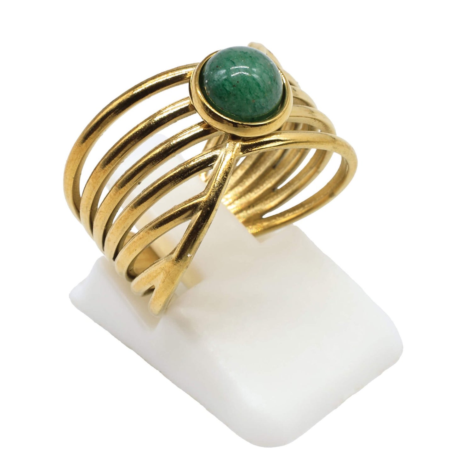 Bague Inox Pince Dorée Aventurine Verte