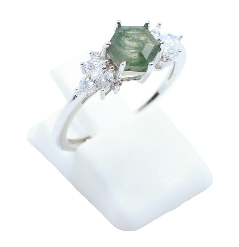 Bague Argent 925 'Flocon d'Argent' - Agate Mousse