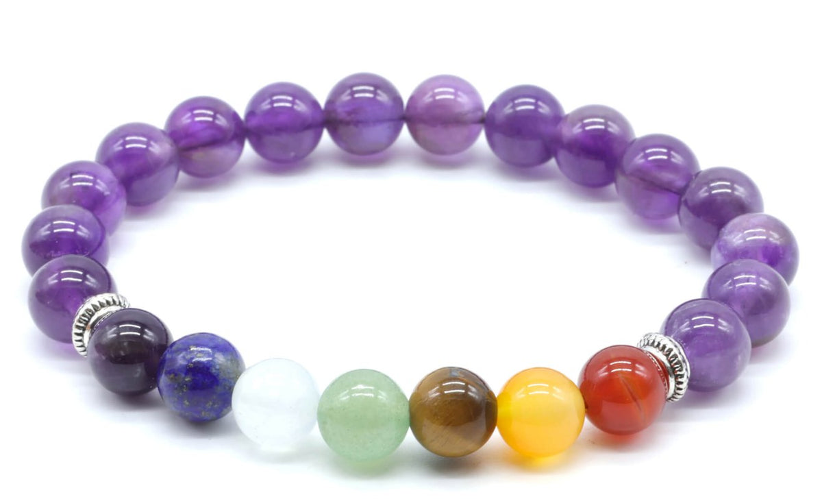 Bracelet Améthyste & 7 Chakras perles 8mm