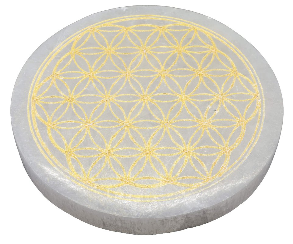 Plaque Sélénite Fleur de Vie Dorée 10cm