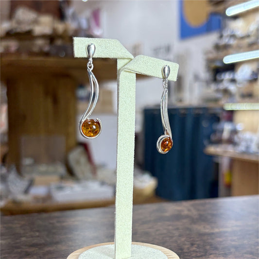 Boucles d'oreilles pendante longue en Ambre rond - Argent 925