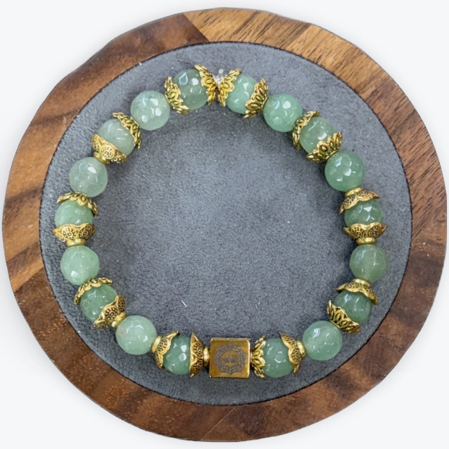 Bracelet Aventurine Verte Facetté avec Décors Dorée