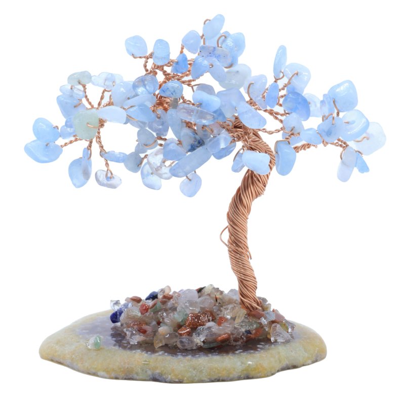 Arbre du Bonheur Aigue Marine sur Tranche Agate 12cm