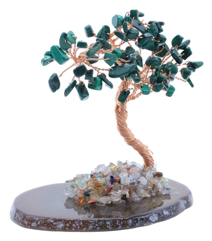 Arbre du Bonheur Malachite sur Tranche Agate 12cm