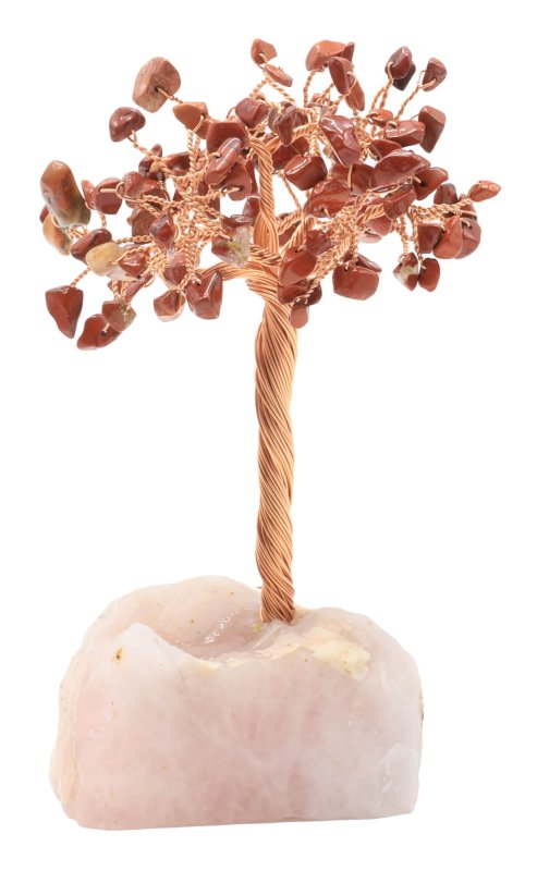 Arbre du Bonheur Jaspe Rouge base Quartz Rose 14cm