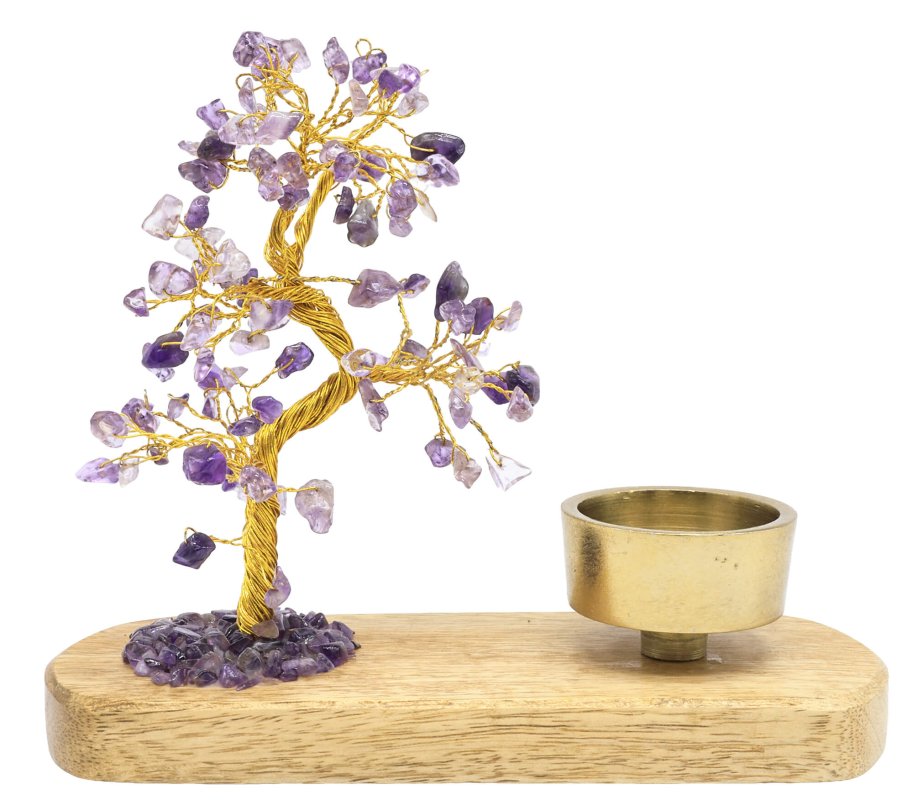 Arbre du Bonheur Améthyste + Bougeoir 17cm