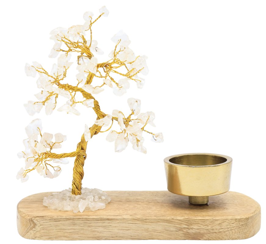 Arbre du Bonheur Cristal de Roche + Bougeoir 17cm