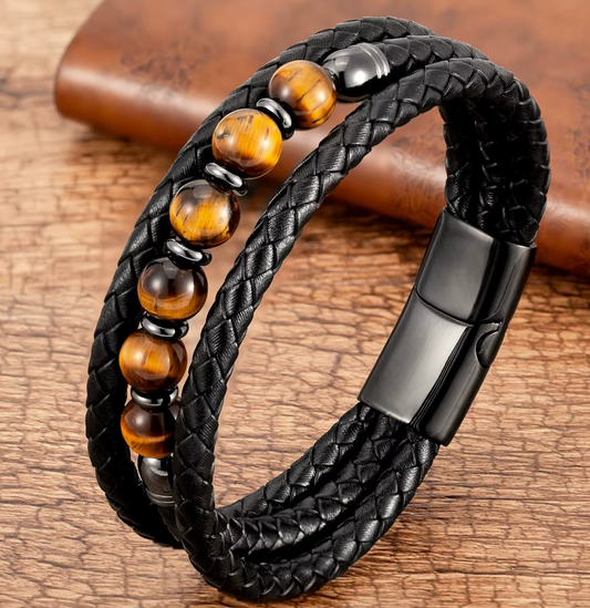 Bracelet Cuir Multicouches Pierres Naturelles 8mm — 21 cm