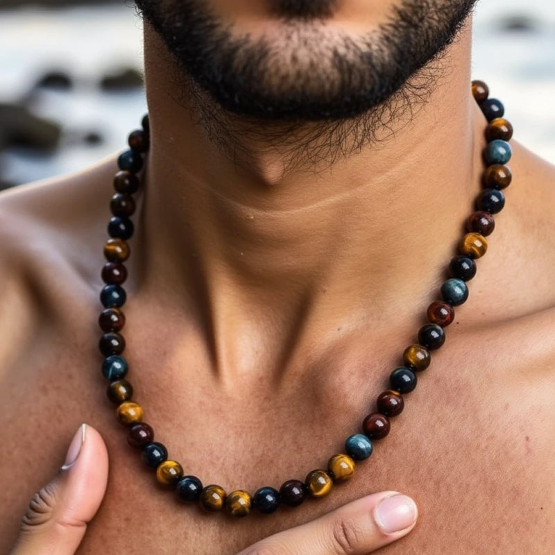 Collier Homme Protection en Oeil de Tigre, Oeil de Faucon & Oeil de Taureau â Protection et Vigilance - Tatum Cristal