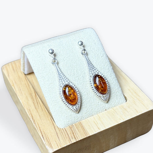 Boucle d'oreilles pendante ambre marquise - Argent 925