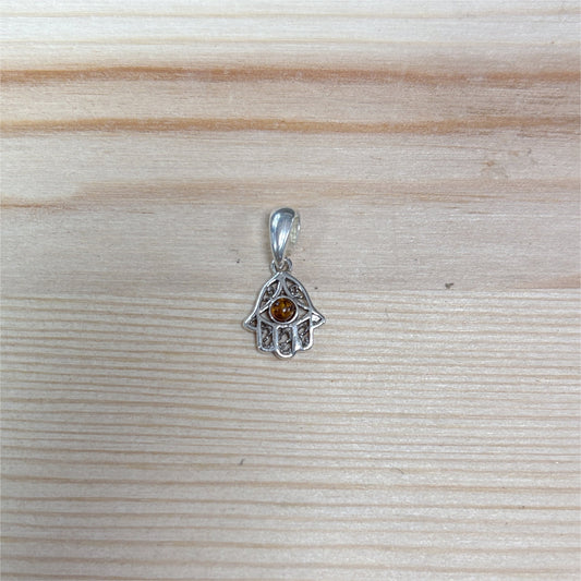 Pendentif Ambre main Khamsa - Argent 925