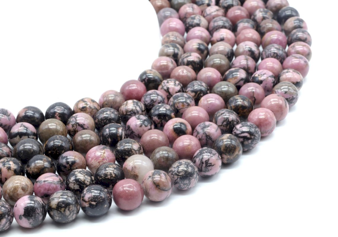 Perles 'Black Line' Rhodonite sur fil