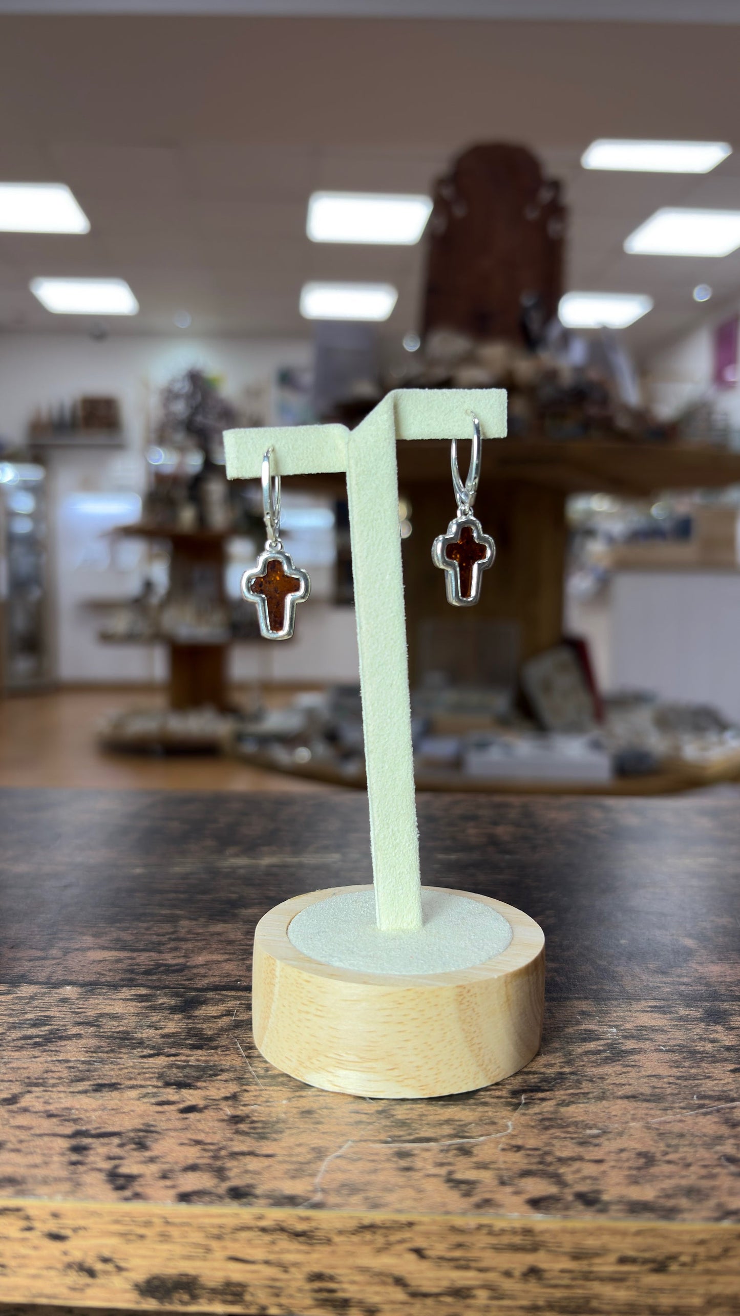 Boucle d'oreilles ambre pendante croix et Argent 925