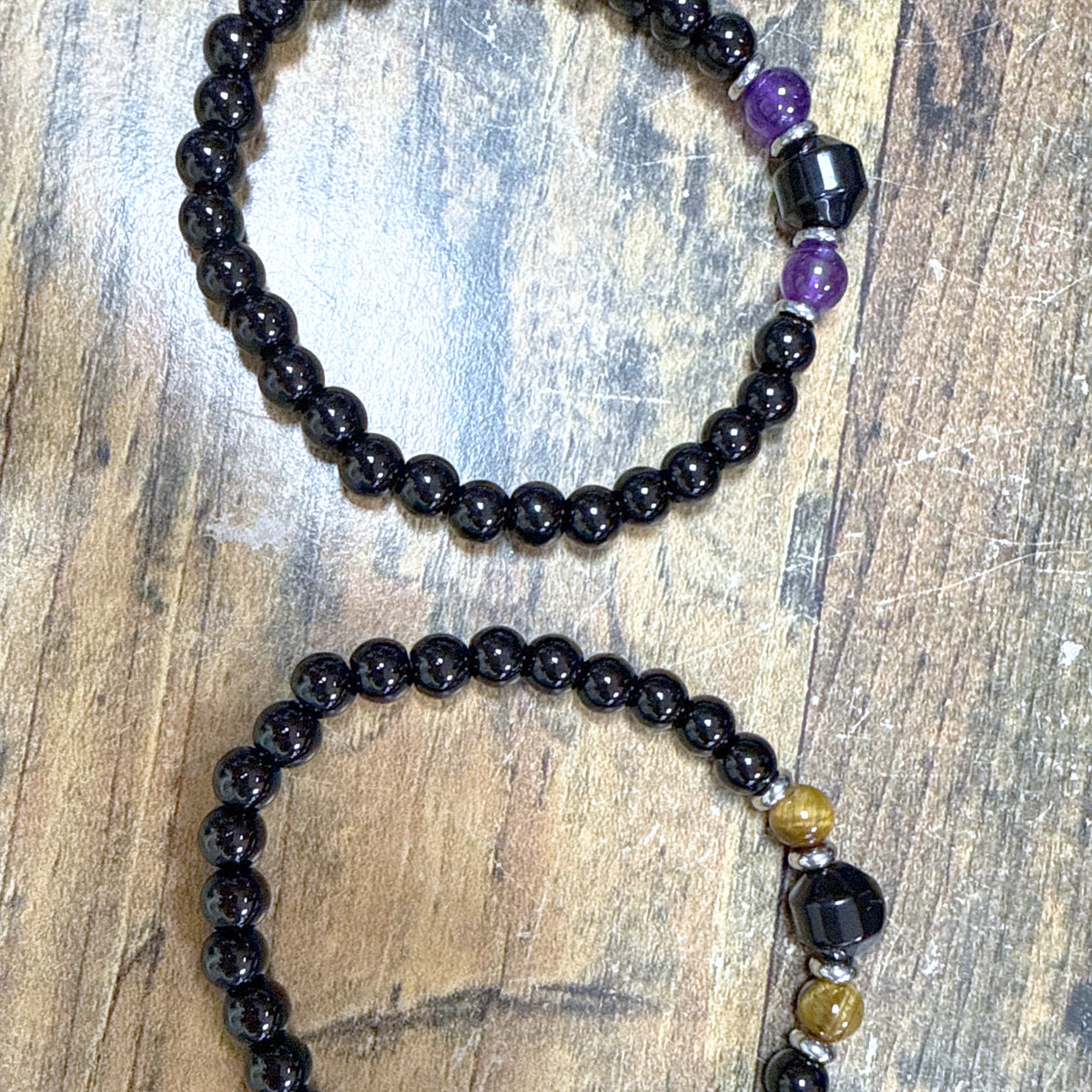 Bracelet en Onyx Naturel noir Mix - Perles rondes 6 mm – Améthyste ou Œil de tigre