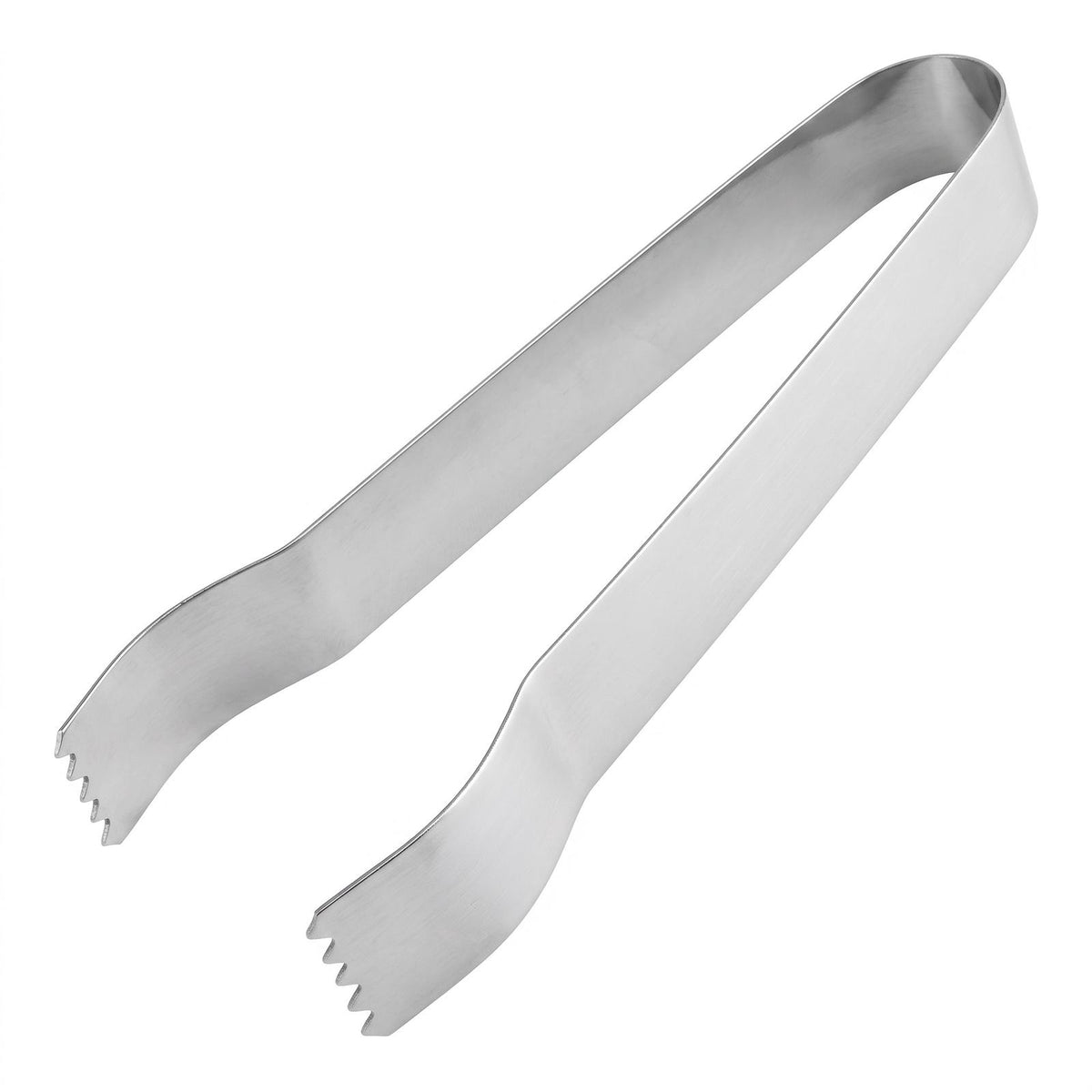 Pince à charbon en acier inoxydable brillant aux extrémités crantées sur fond blanc