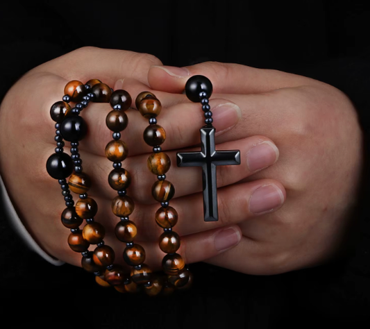 Chapelet Œil de Tigre Croix Hématite