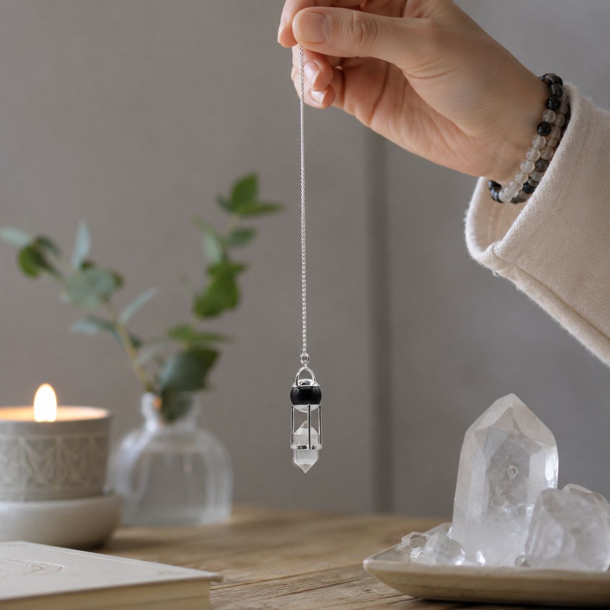 Pendule Obsidienne et Cristal de roche double pointe