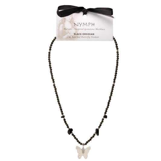 Collier Obsidienne Noire — Papillon Feuille Naturelle Argentée - photo 2