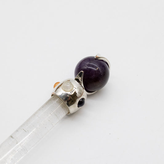 Baguette Améthyste à sphère mobile et Quartz rose - 12 cm