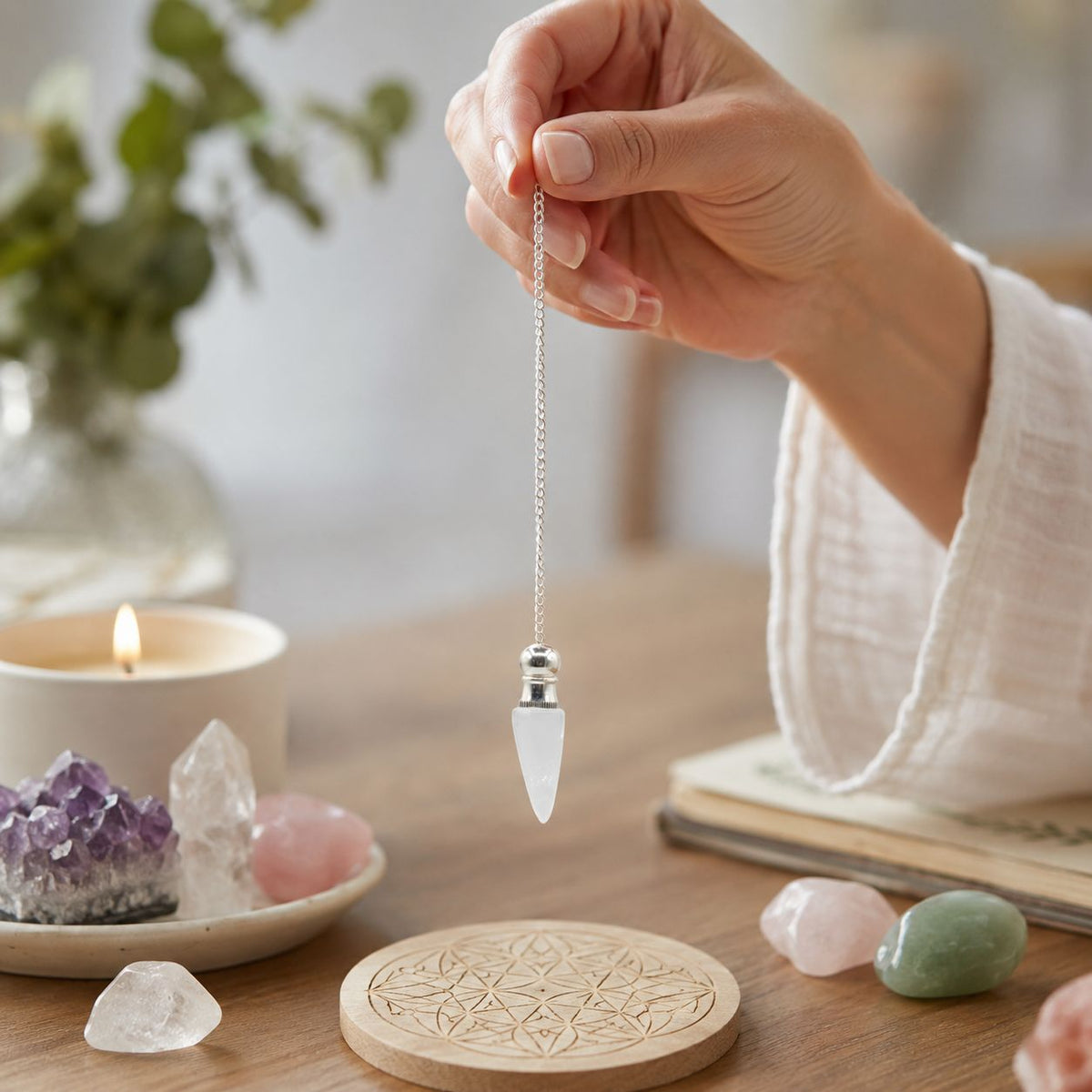 Pendule Cristal de roche à cavité secrète, argenté