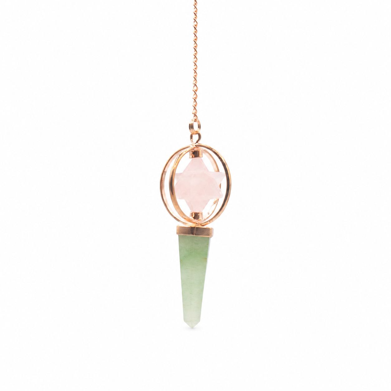 Pendule Merkaba tournante en Quartz rose et Aventurine verte
