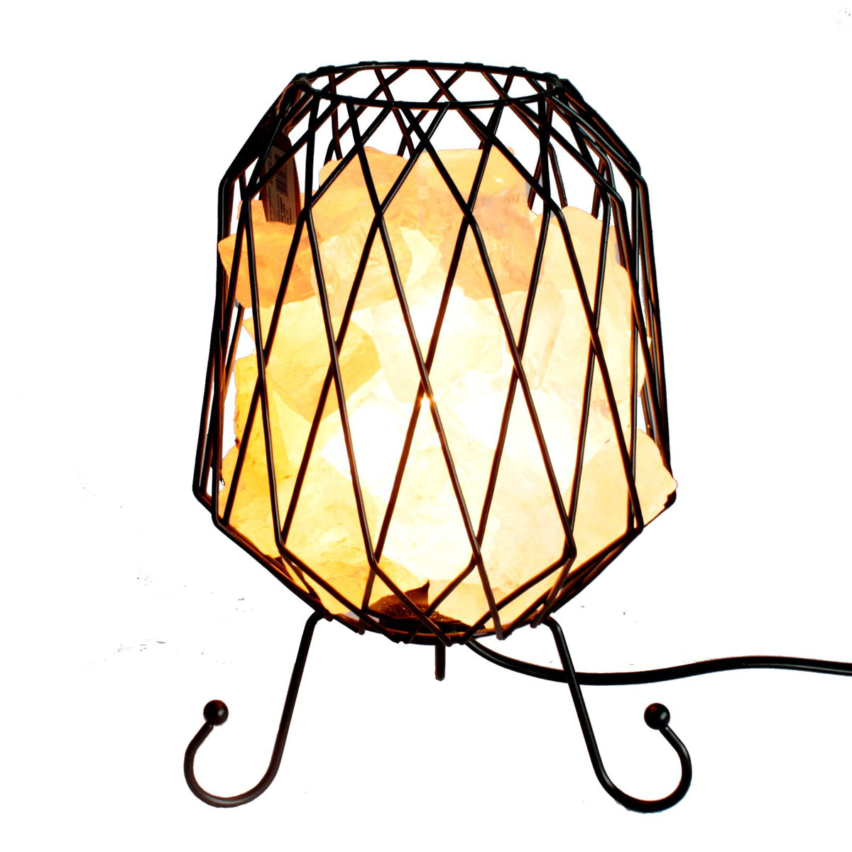 Lampe brasero en métal grillagé noir sur pieds remplie de sel d'Himalaya allumé