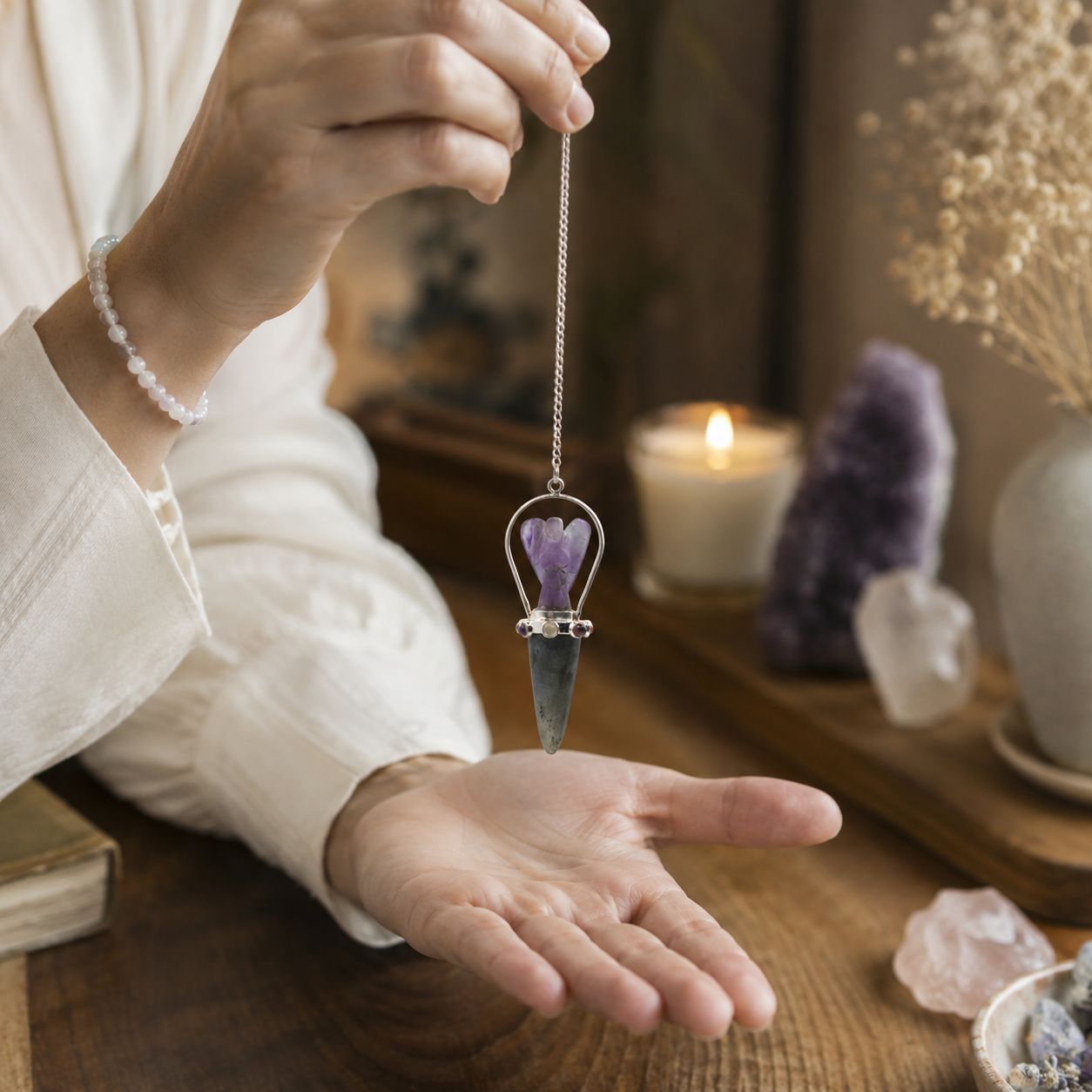 Pendule ange deux pièces en labradorite et améthyste