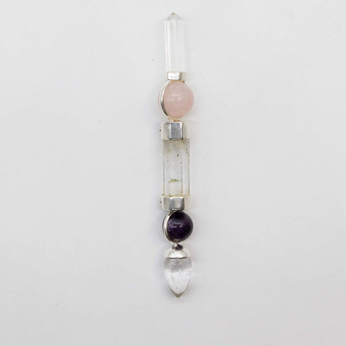 Baguette Améthyste et Quartz rose à sphères - 12 cm