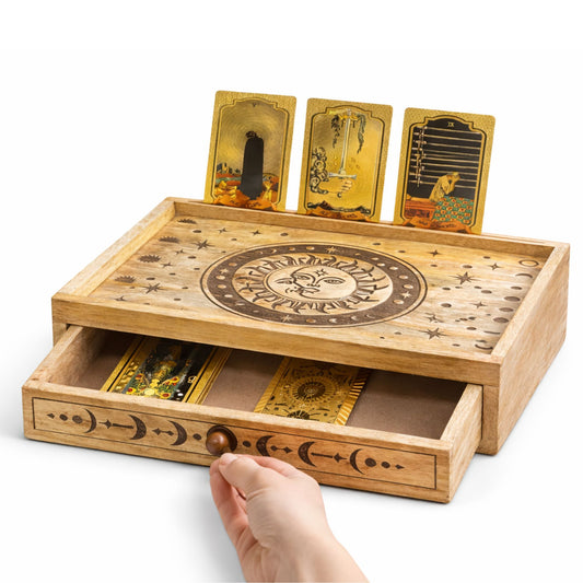 Boîte à Tarot en Bois Sculpté avec Tiroir — Soleil et Lune - photo 2