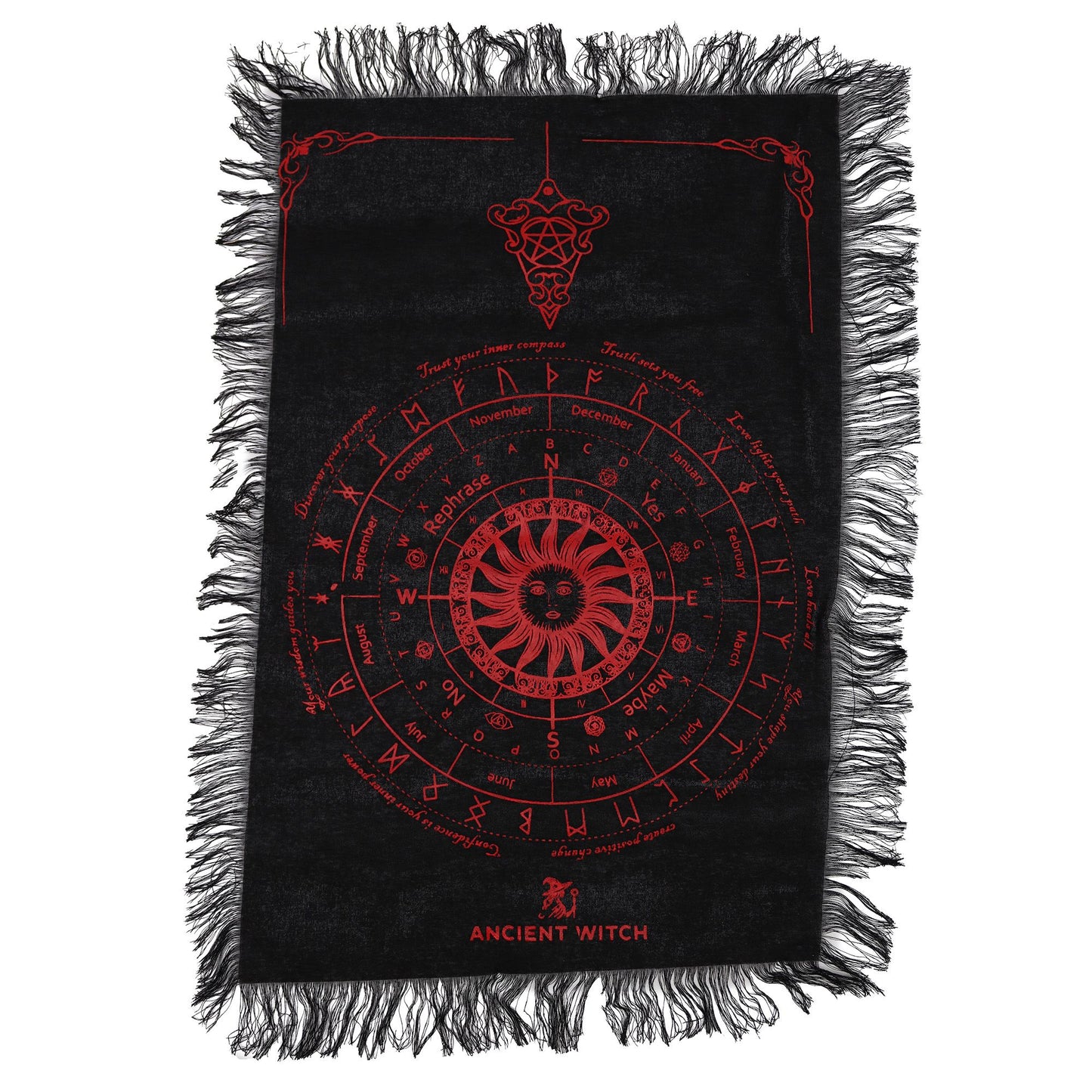 Pendule Divination — Tissu Soleil Sorcière Noir & Rouge Sang