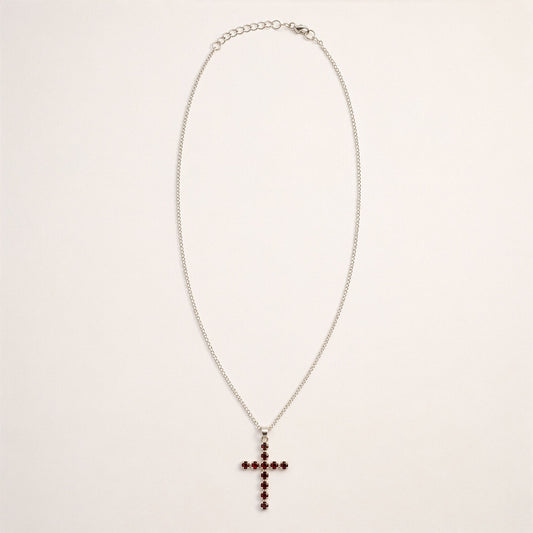 Pendentif Croix Argentée - Pierres Rouge Grenat
