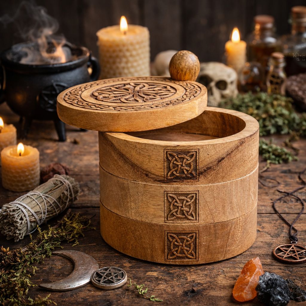 Boîte à Tarot en Bois Sculpté — Nœuds Celtiques — 3 Étages Pivotants - photo 5
