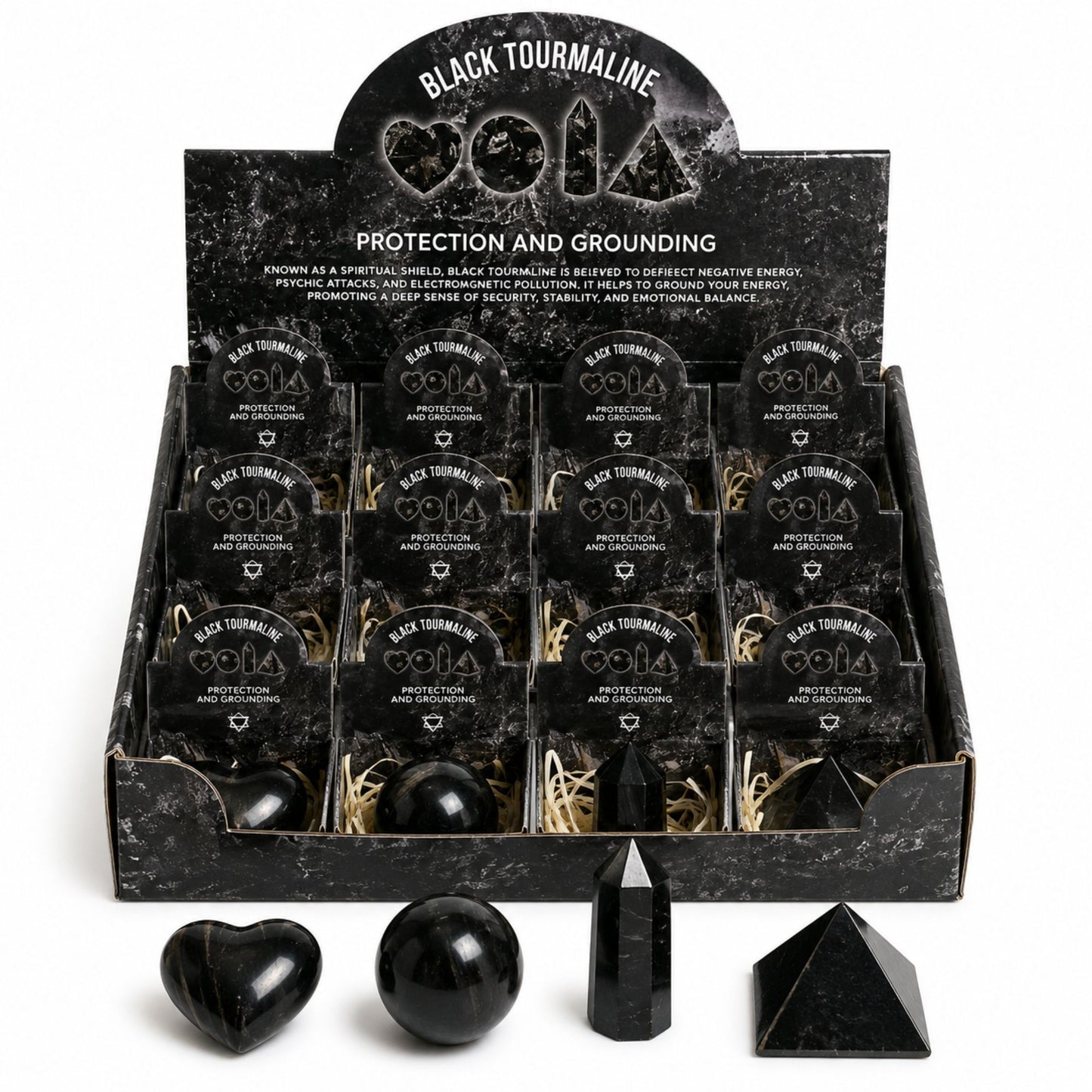 Set de 4 formes en Tourmaline noire - cœur, sphère, obélisque, pyramide