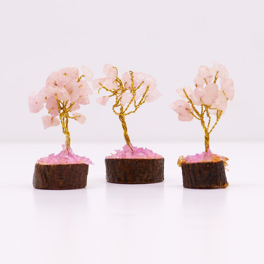 Arbre de Vie Quartz Rose - Mini, Socle Bois (15 pierres)