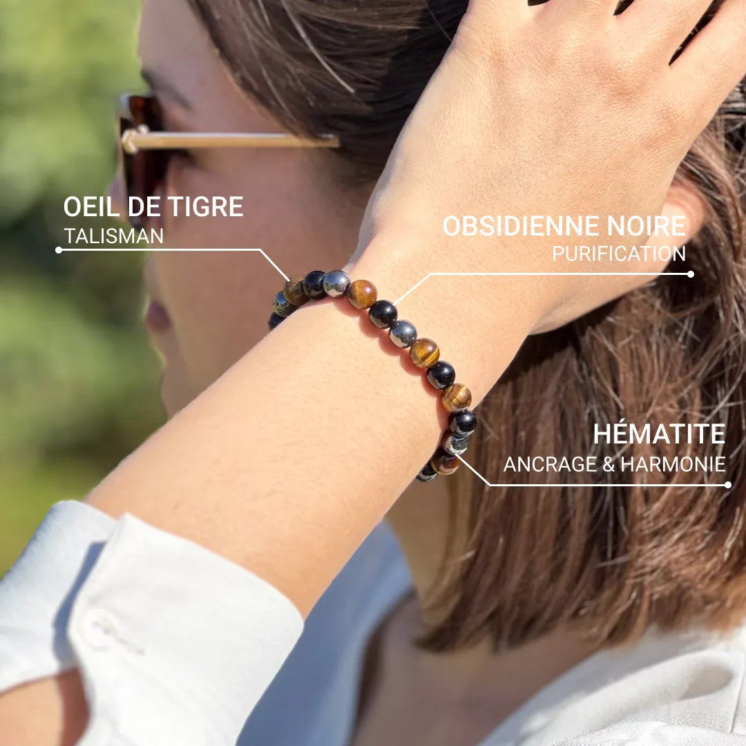 Bracelet Triple Protection en Oeil de Tigre, Obsidienne & Hématite — Protection et Clarté - Tatum Cristal