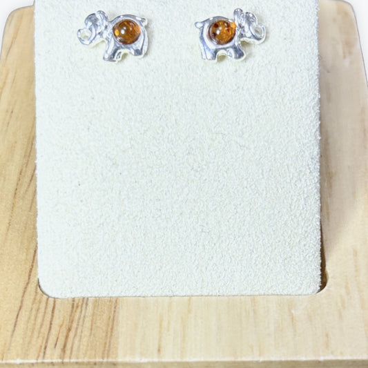 Boucle d'oreilles puces en Ambre à éléphants - Argent 925