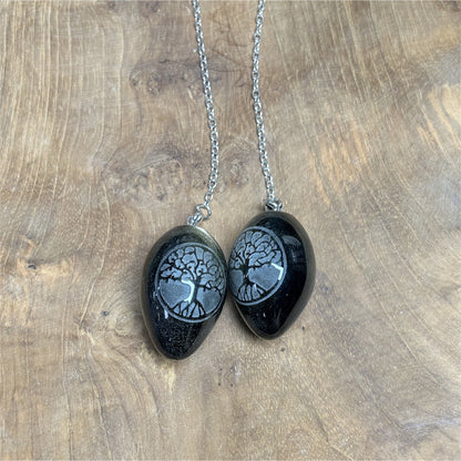 Pendule Obsidienne Dorée - Gravée Arbre de Vie