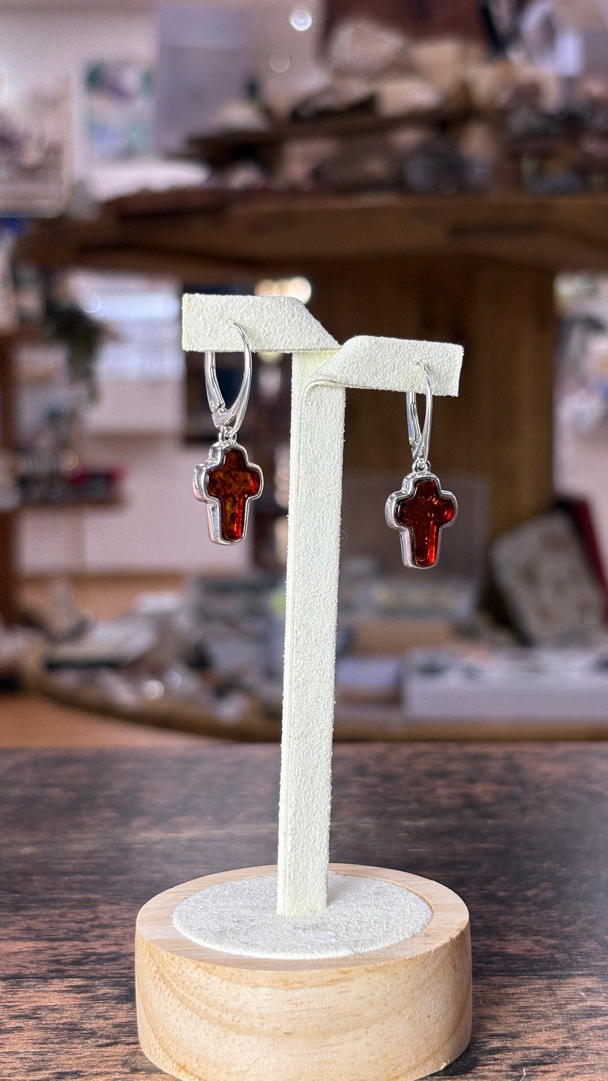 Boucle d'oreilles ambre pendante croix  et Argent 925