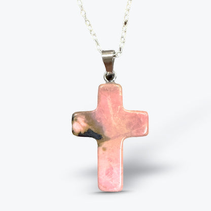 Pendentif Croix en Pierre Naturelle Polie, 15 pierres au choix, bélière et chaîne | 1,8x2,5x4cm