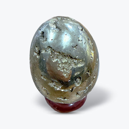 Œuf Poli en Pyrite Naturelle du Pérou – Doré Métallique, Cavités Cristallisées - Pièce unique | 244gr - 6x4cm