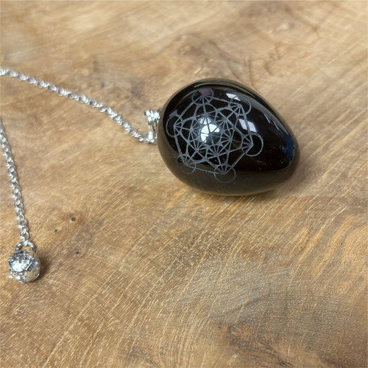 Pendule Obsidienne Noir gravee Metatron