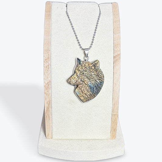Pendentif Labradorite Tête de Loup en Laiton
