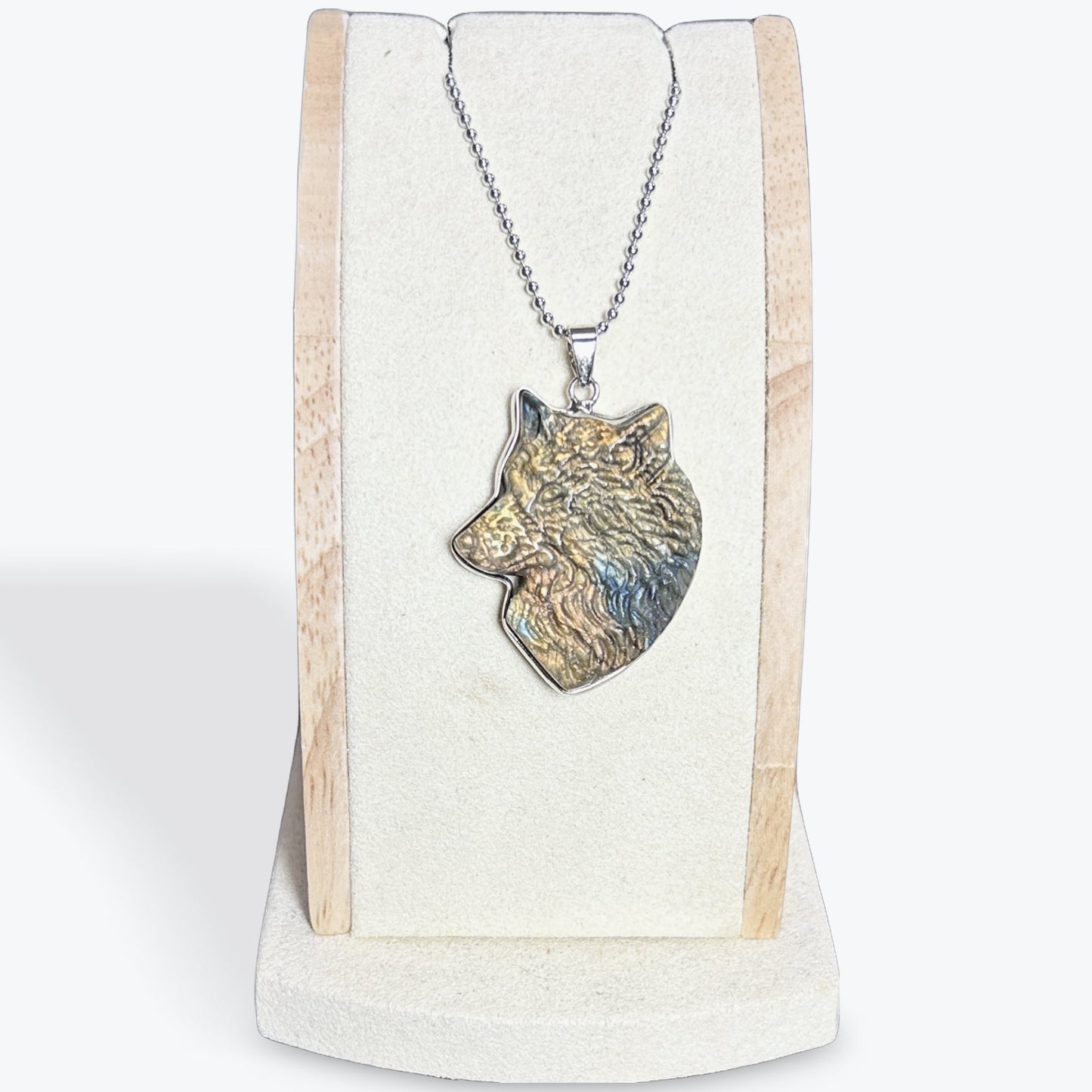 Pendentif Labradorite tête de loup en laiton argentée