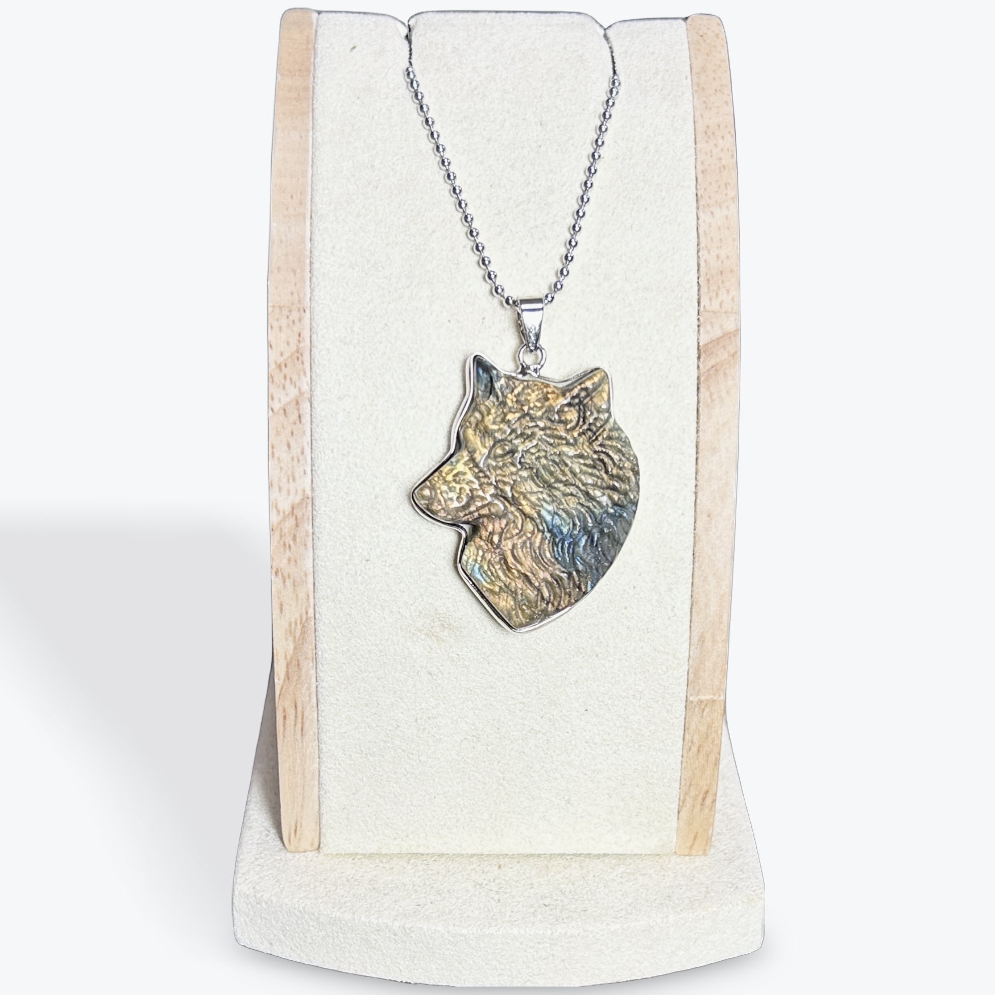 Pendentif Labradorite tête de loup en laiton argentée