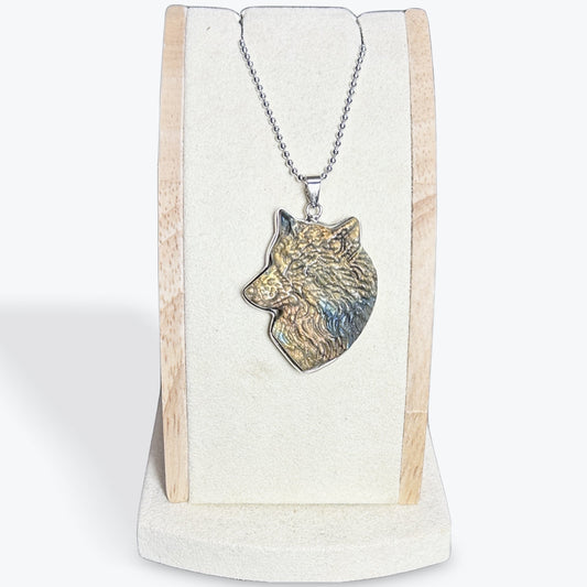 Pendentif Labradorite tête de loup en laiton argentée