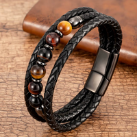 Bracelet Cuir Multicouches Pierres Naturelles 8mm — 21 cm