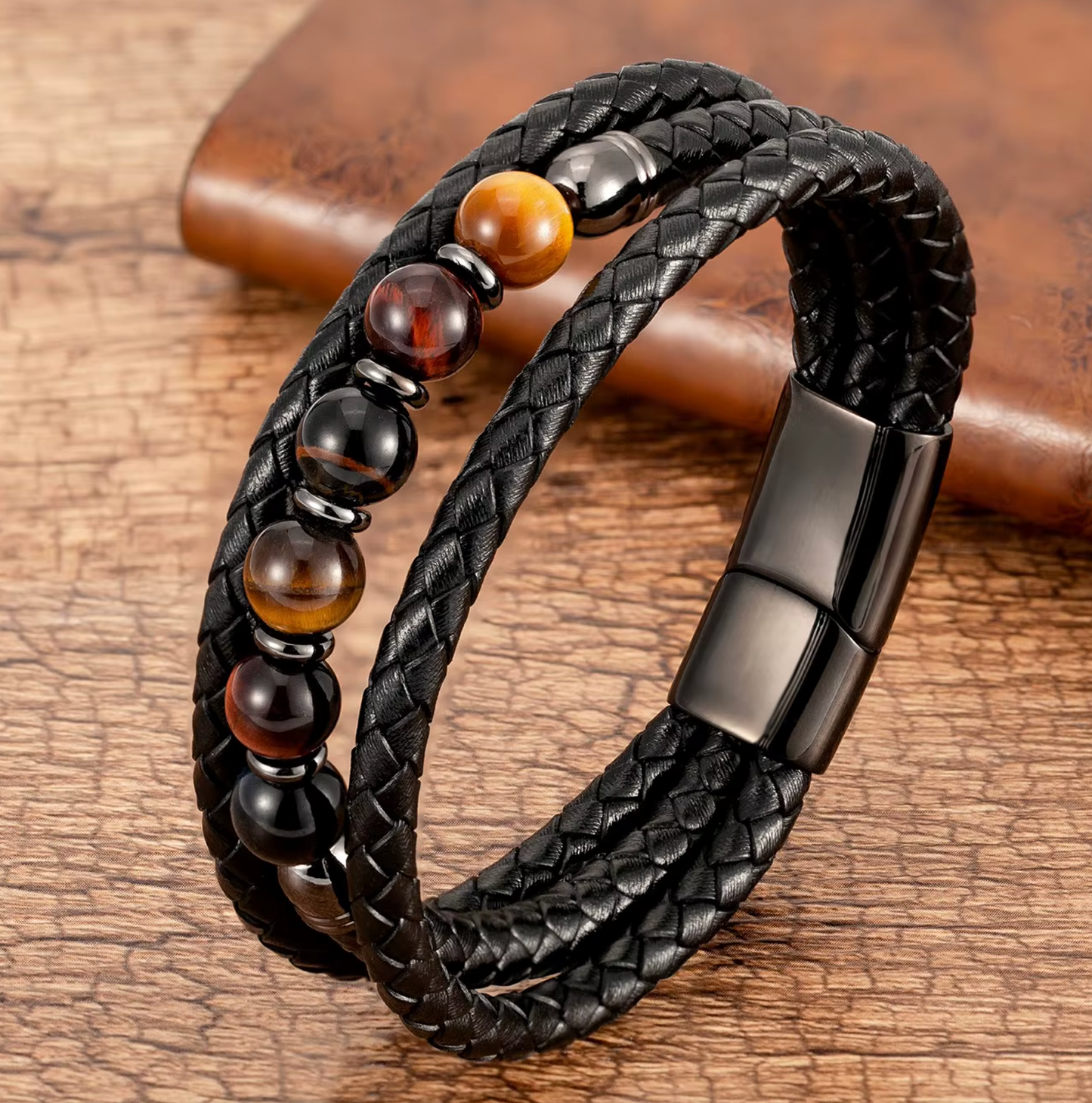 Bracelet Cuir Multicouches Pierres Naturelles 8mm — 21 cm